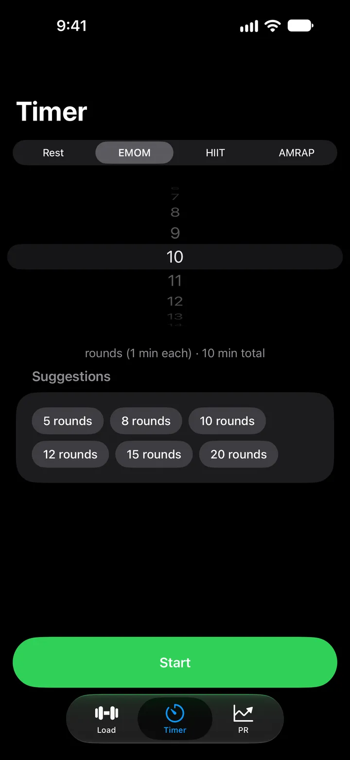The timer set to EMOM, ten rounds of one minute