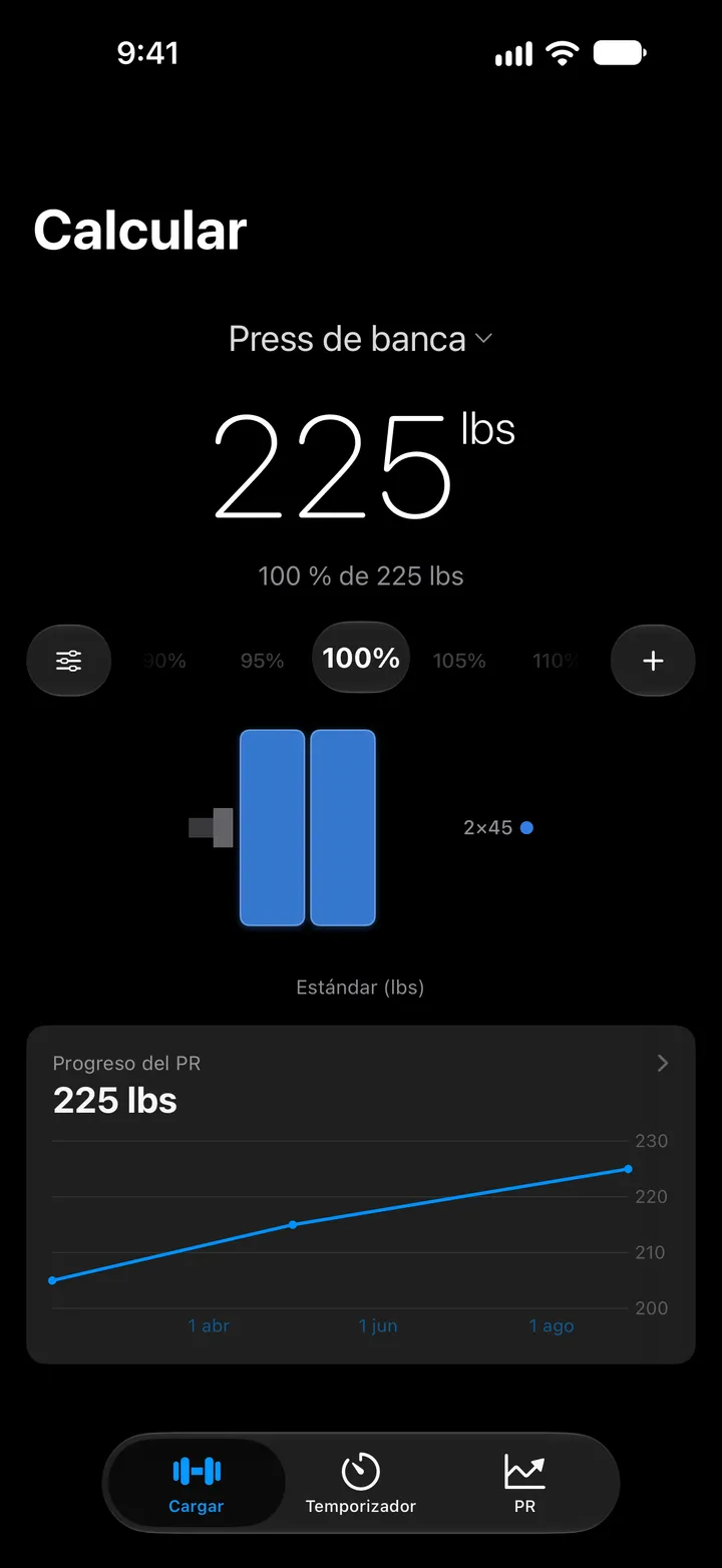 La pantalla Calcular: press de banca a 225 lb, dos discos azules de 45 lb por lado y la gráfica de progreso