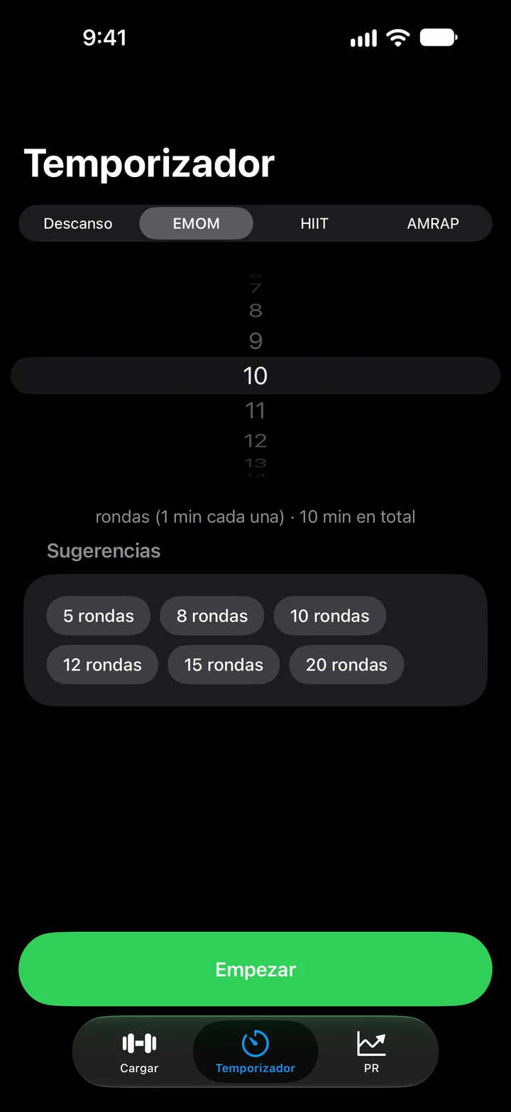 El temporizador en EMOM, diez rondas de un minuto