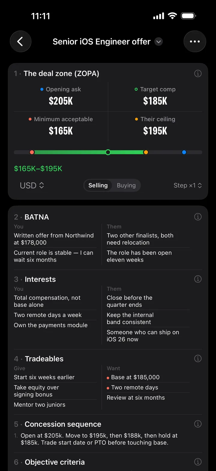 A salary deal: opening $205K, target $185K, minimum $165K, their ceiling $195K, and the deal zone from $165K to $195K