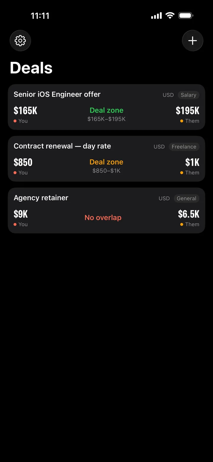 The deal list: two deals with a deal zone and one with no overlap