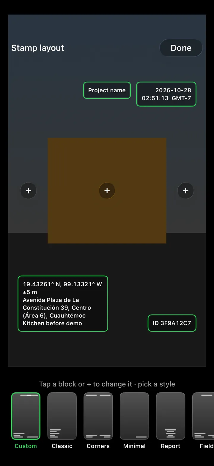 Stamp layout: blocks for the project, date, place and photo ID placed around the frame, presets below